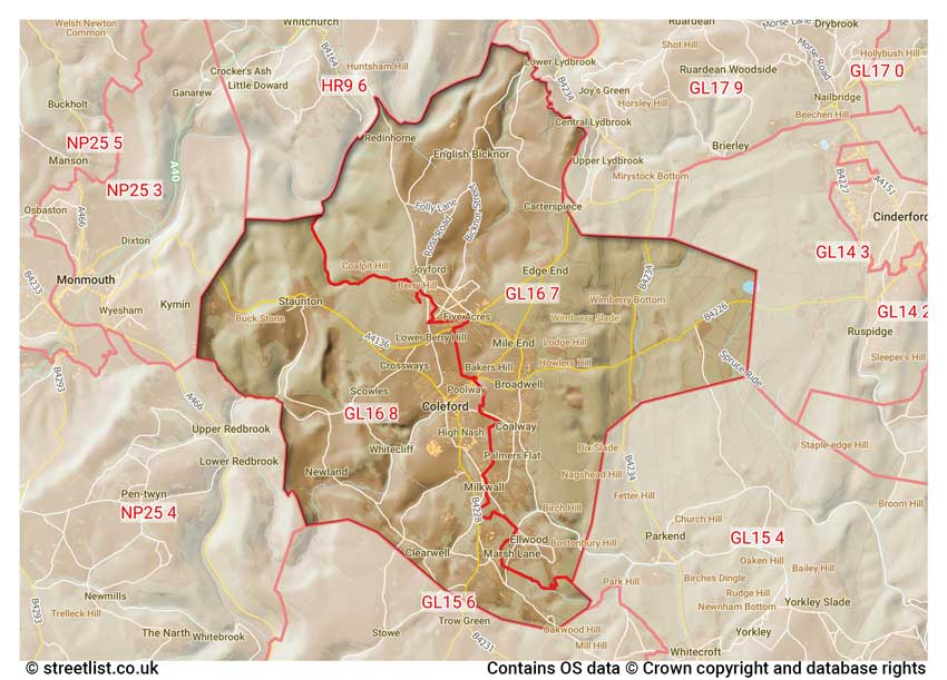 map showing postcode sectors within the GL16 district