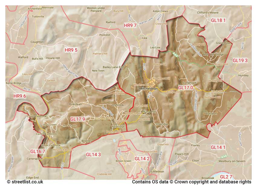 map showing postcode sectors within the GL17 district