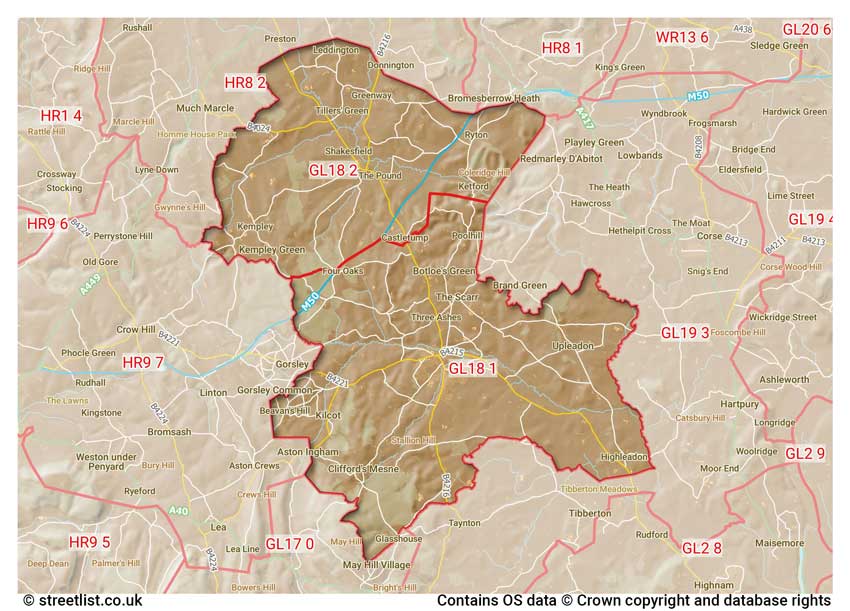 map showing postcode sectors within the GL18 district