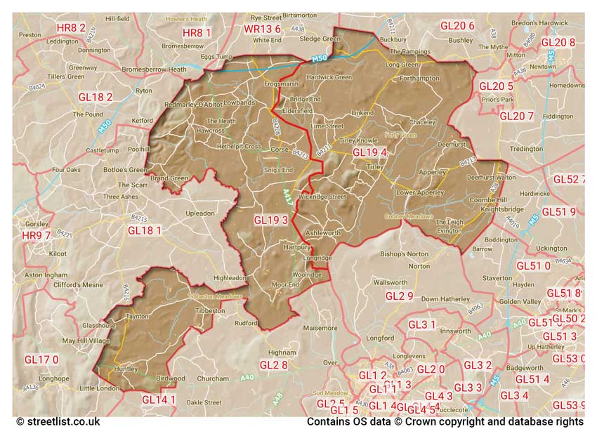 map showing postcode sectors within the GL19 district