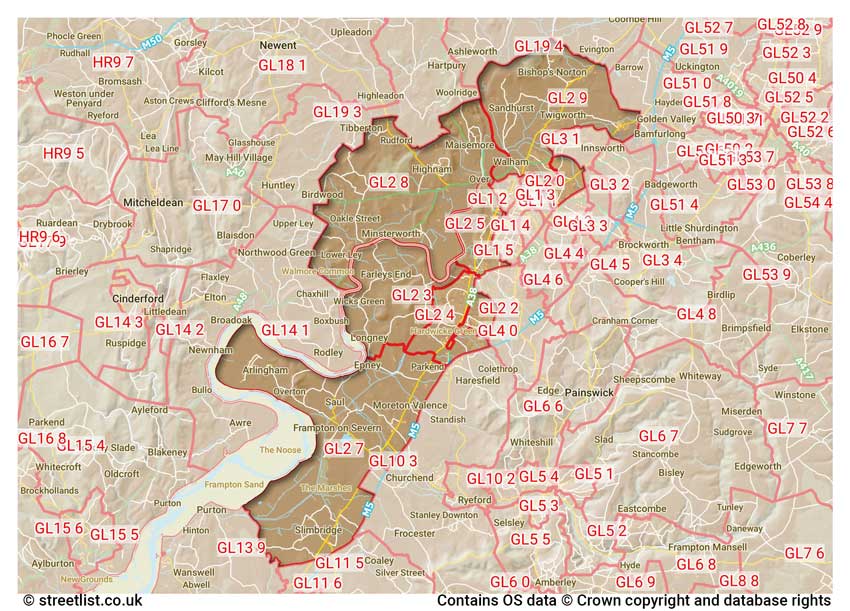 map showing postcode sectors within the GL2 district