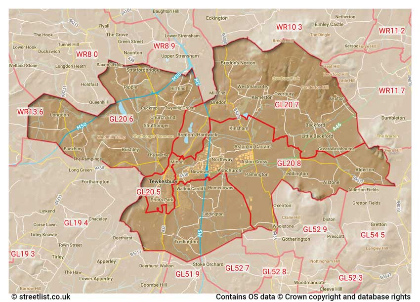 map showing postcode sectors within the GL20 district