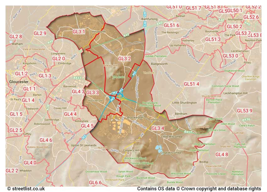 map showing postcode sectors within the GL3 district