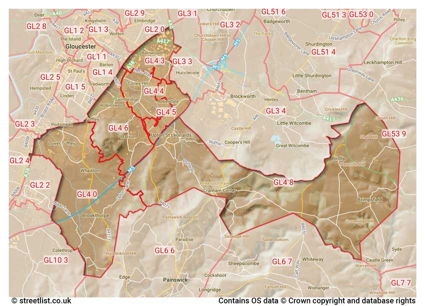 map showing postcode sectors within the GL4 district