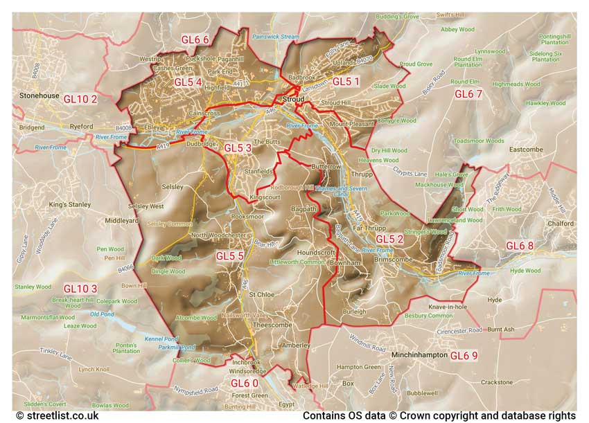 map showing postcode sectors within the GL5 district