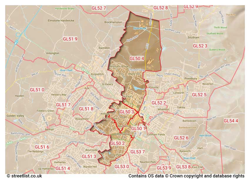 map showing postcode sectors within the GL50 district