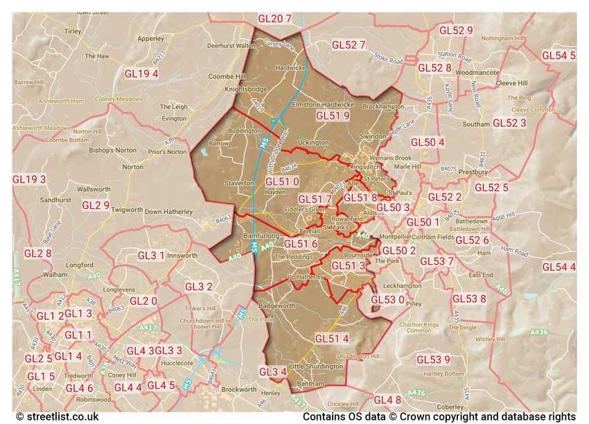 map showing postcode sectors within the GL51 district