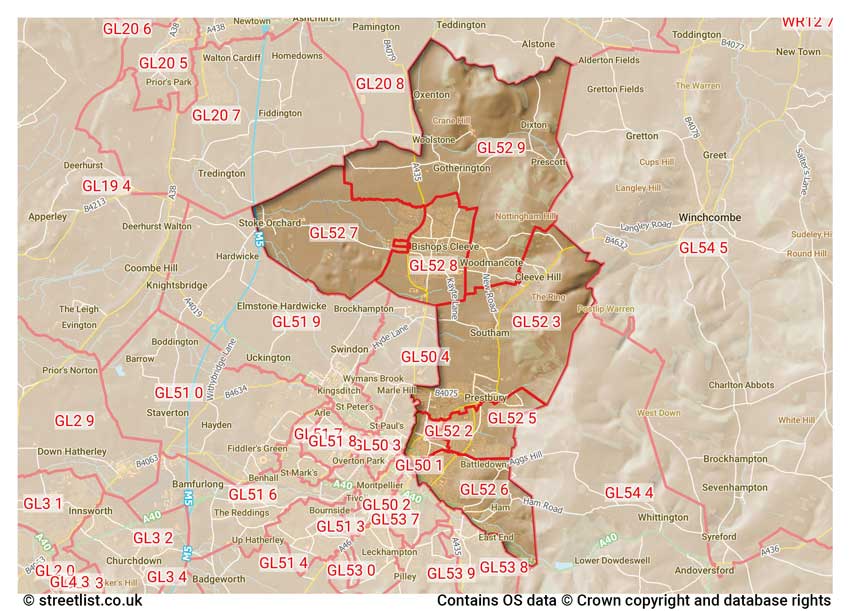 map showing postcode sectors within the GL52 district