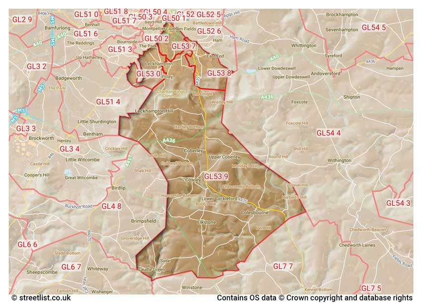 map showing postcode sectors within the GL53 district