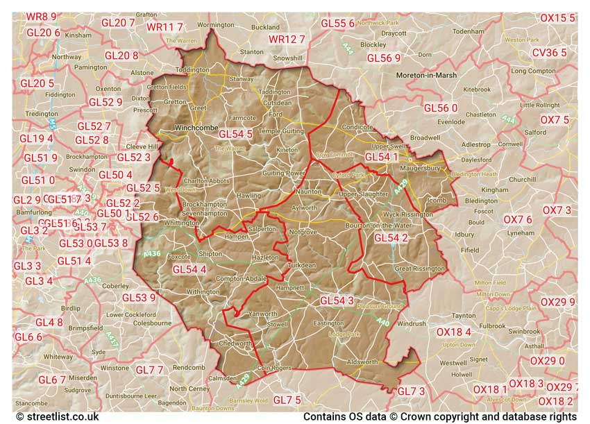 map showing postcode sectors within the GL54 district