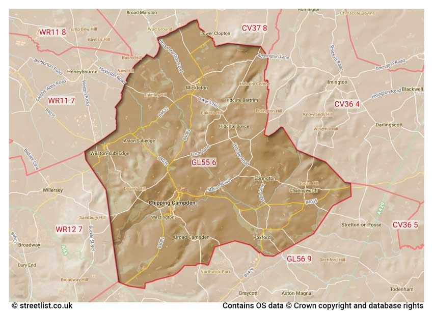 map showing postcode sectors within the GL55 district