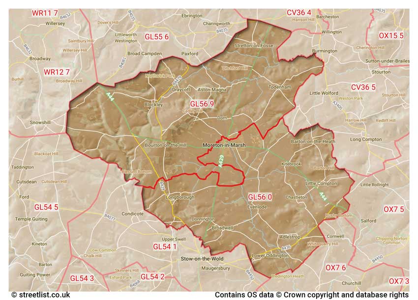 map showing postcode sectors within the GL56 district