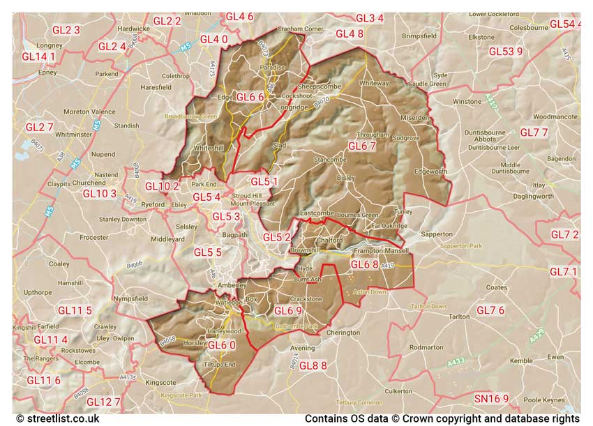 map showing postcode sectors within the GL6 district