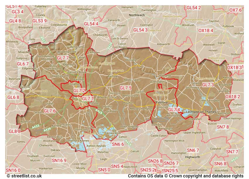 map showing postcode sectors within the GL7 district