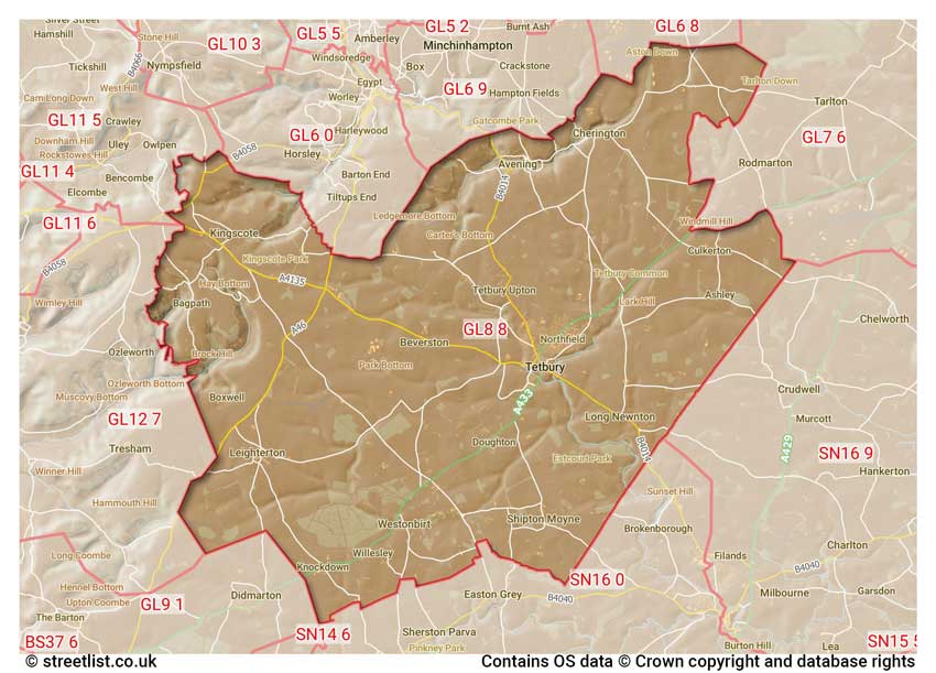 map showing postcode sectors within the GL8 district