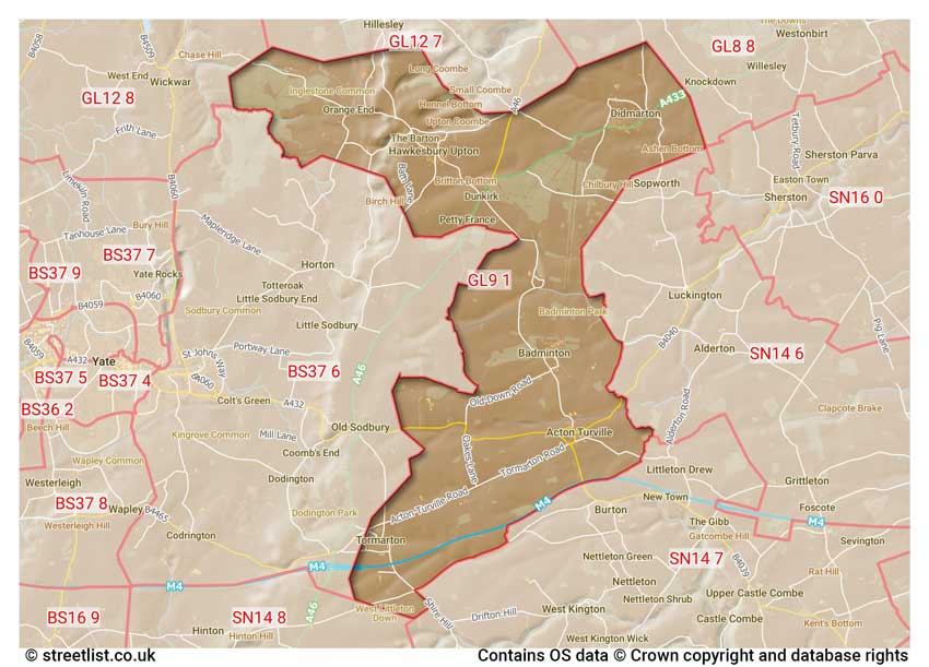 map showing postcode sectors within the GL9 district