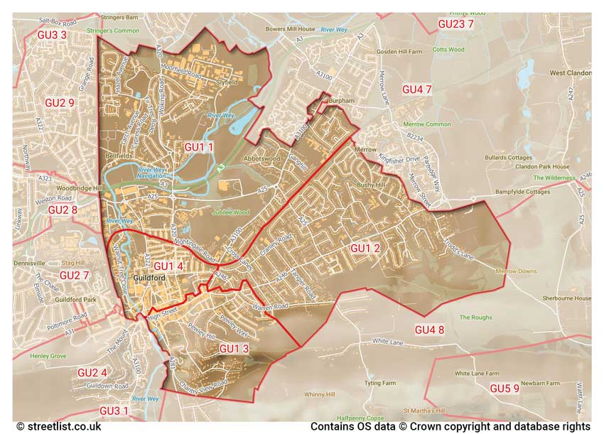 map showing postcode sectors within the GU1 district