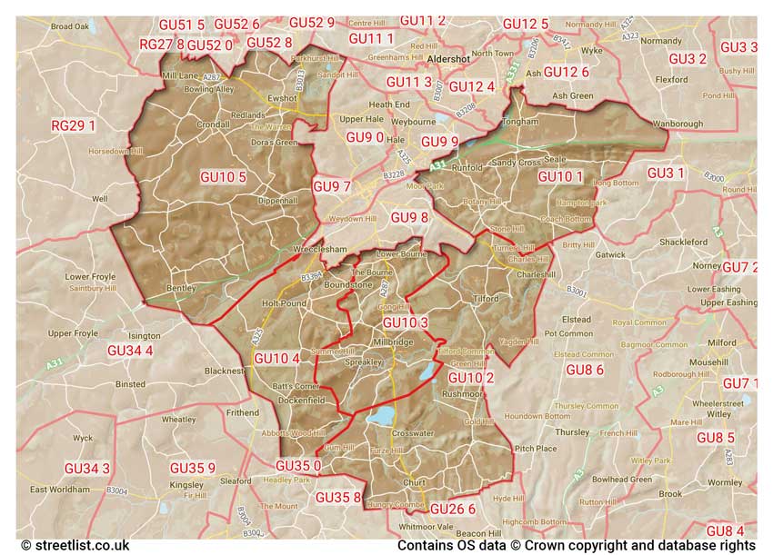 map showing postcode sectors within the GU10 district