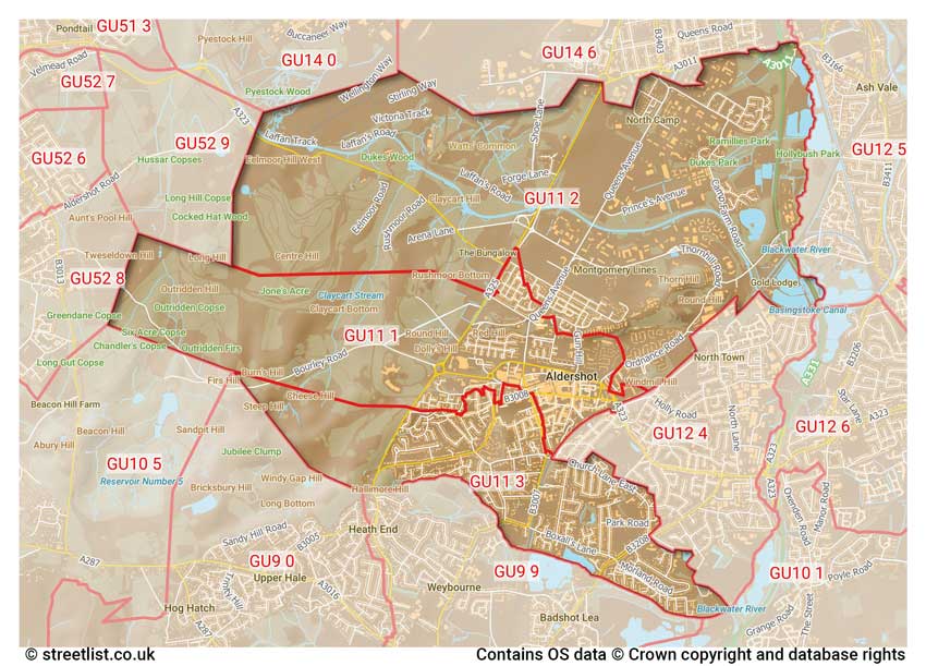 map showing postcode sectors within the GU11 district