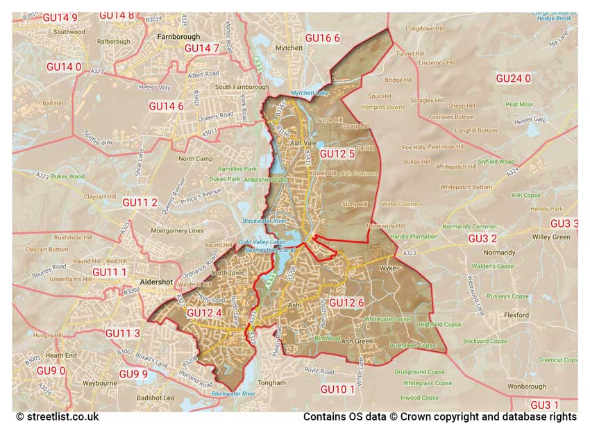 map showing postcode sectors within the GU12 district