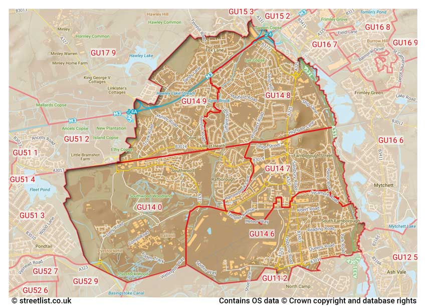 map showing postcode sectors within the GU14 district