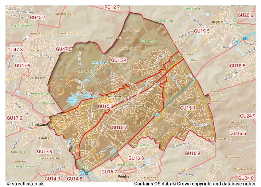 map showing postcode sectors within the GU15 district