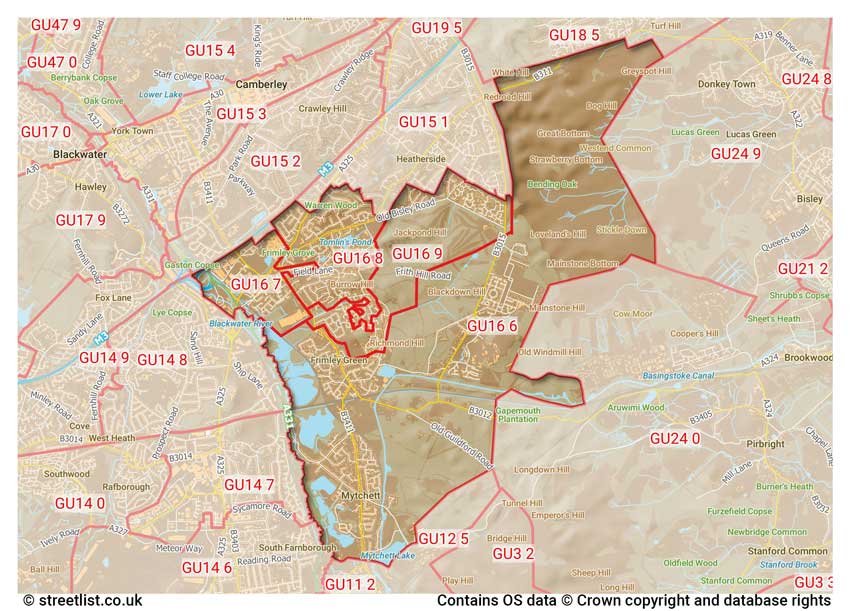 map showing postcode sectors within the GU16 district