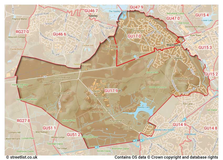 map showing postcode sectors within the GU17 district