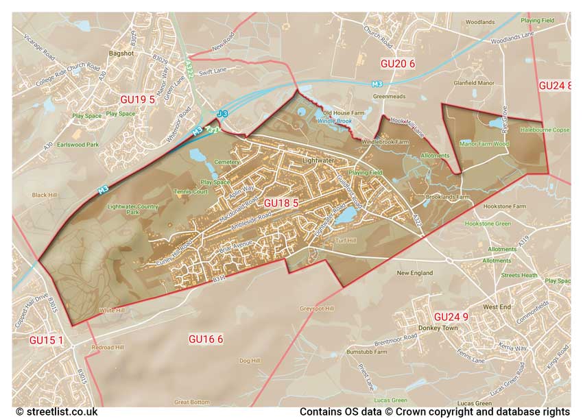 map showing postcode sectors within the GU18 district