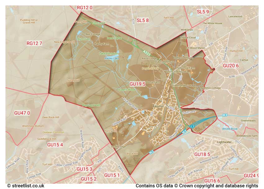 map showing postcode sectors within the GU19 district