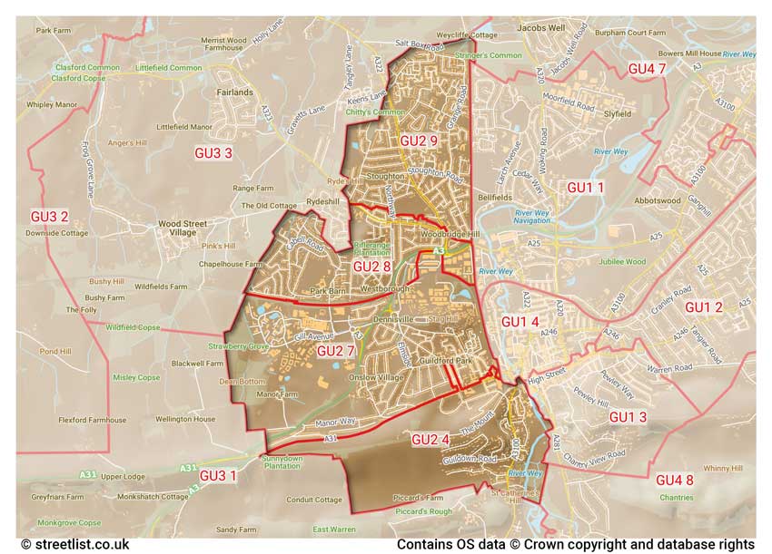 map showing postcode sectors within the GU2 district