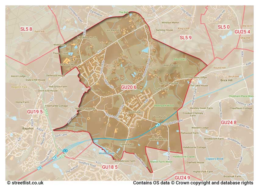 map showing postcode sectors within the GU20 district