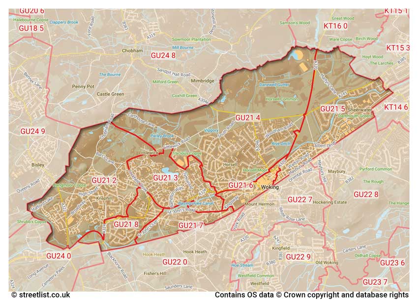 map showing postcode sectors within the GU21 district