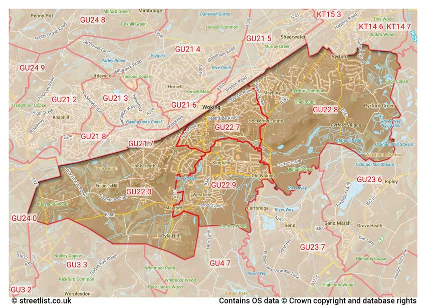 map showing postcode sectors within the GU22 district