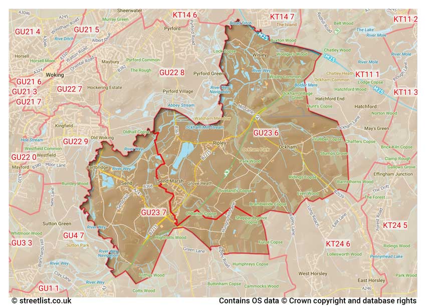 map showing postcode sectors within the GU23 district