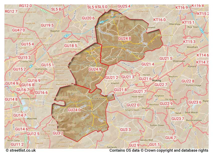 map showing postcode sectors within the GU24 district