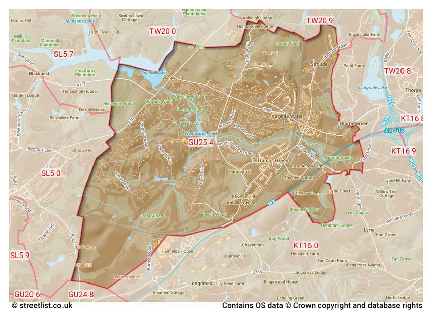 map showing postcode sectors within the GU25 district