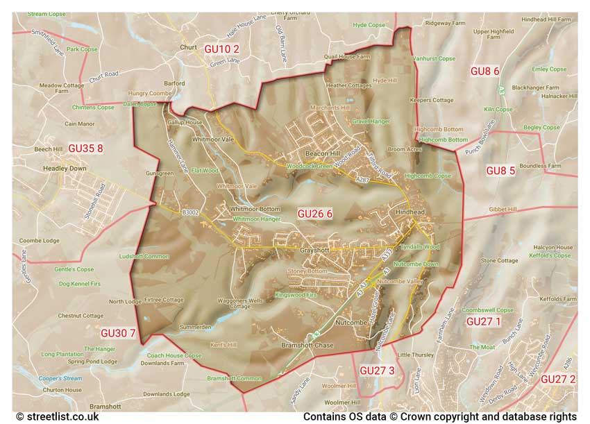 map showing postcode sectors within the GU26 district