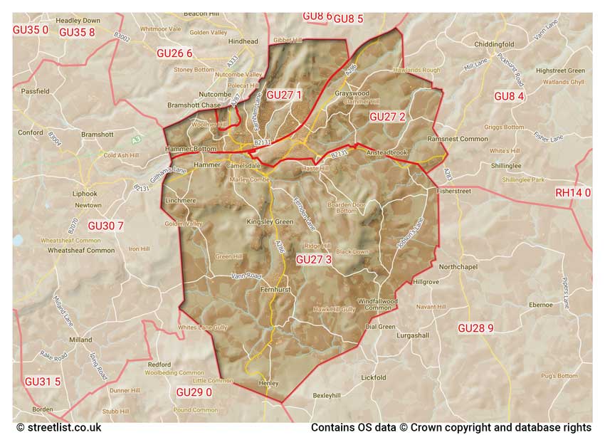 map showing postcode sectors within the GU27 district