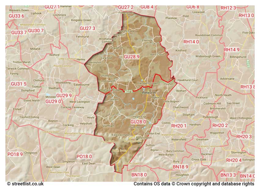 map showing postcode sectors within the GU28 district