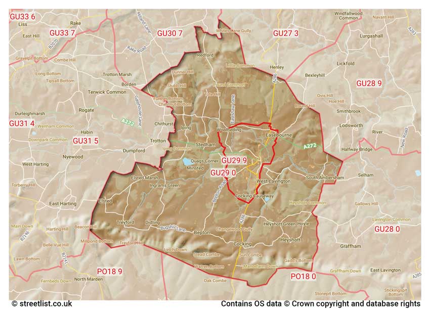 map showing postcode sectors within the GU29 district