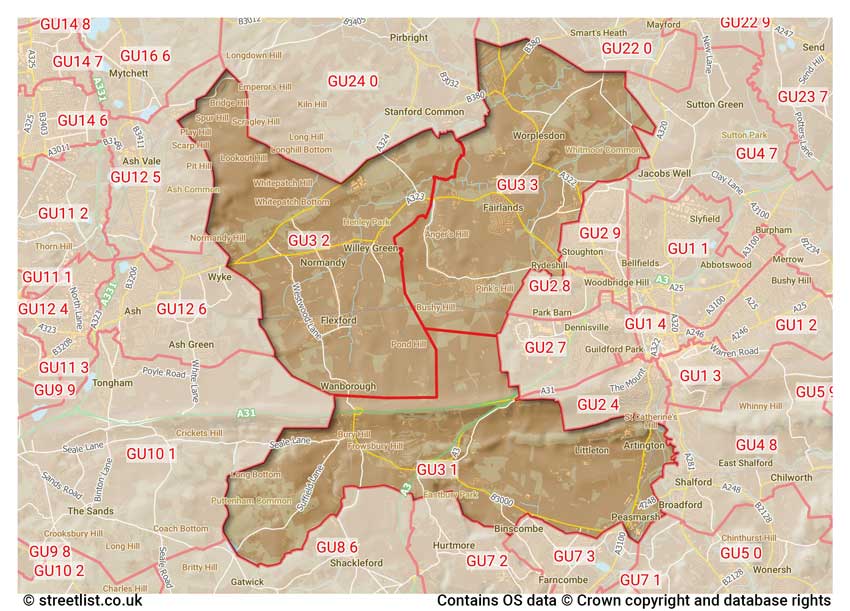 map showing postcode sectors within the GU3 district