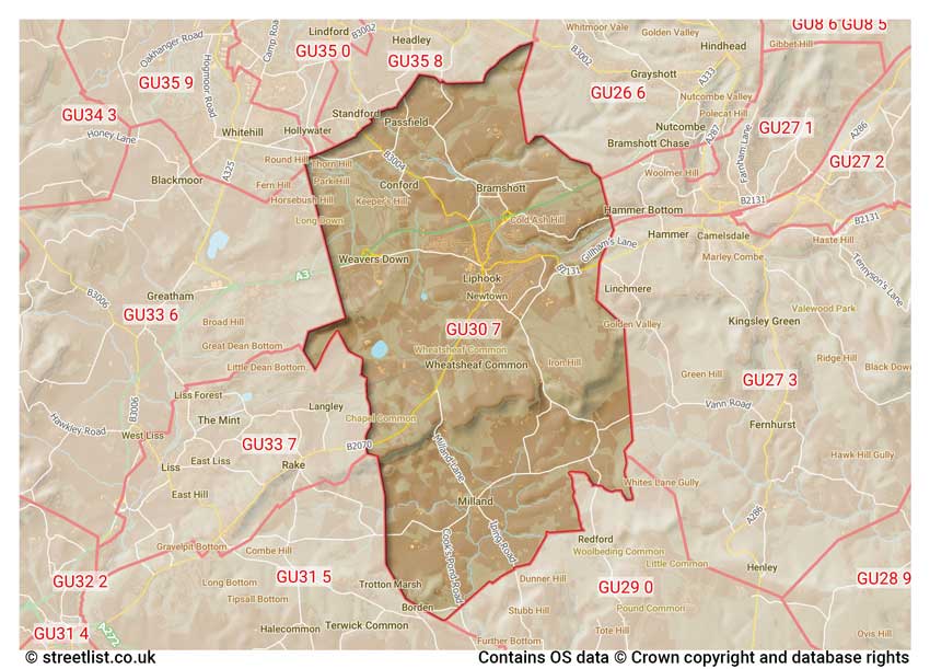 map showing postcode sectors within the GU30 district