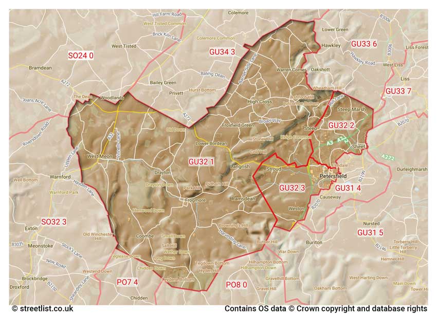 map showing postcode sectors within the GU32 district