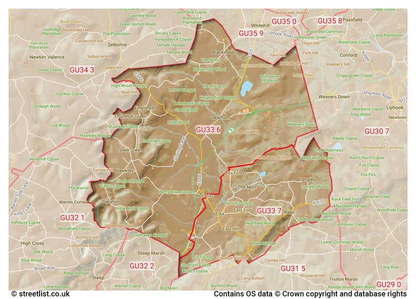 map showing postcode sectors within the GU33 district