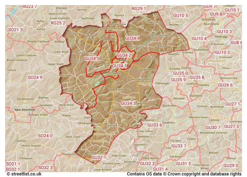 map showing postcode sectors within the GU34 district