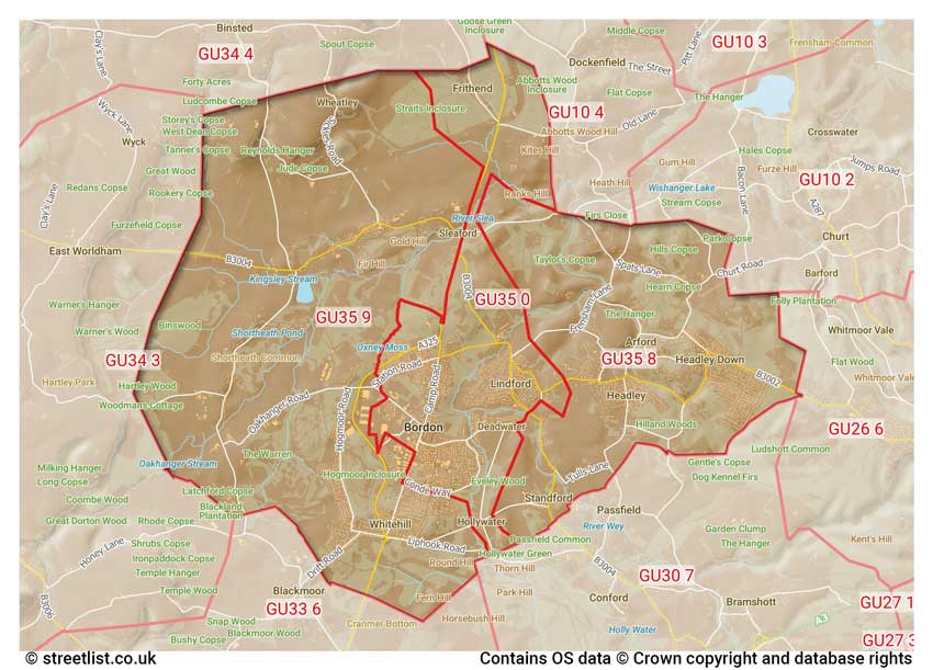 map showing postcode sectors within the GU35 district