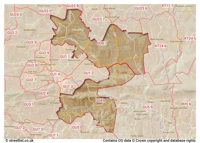 map showing postcode sectors within the GU4 district