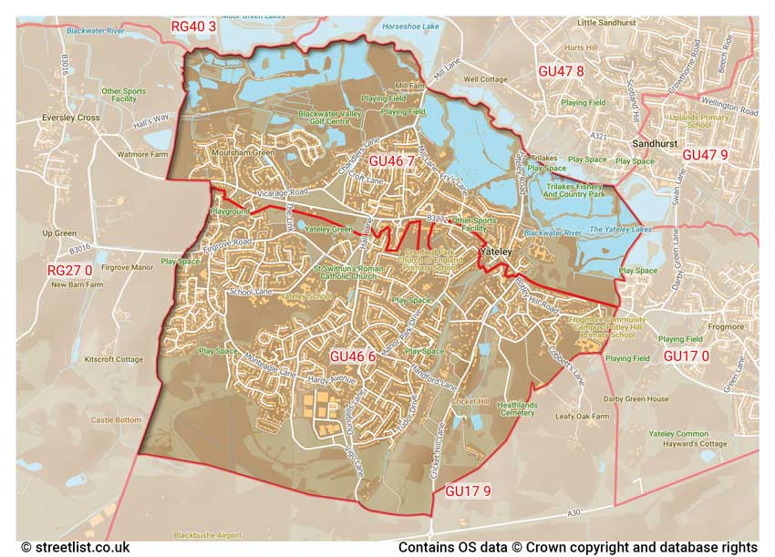 map showing postcode sectors within the GU46 district