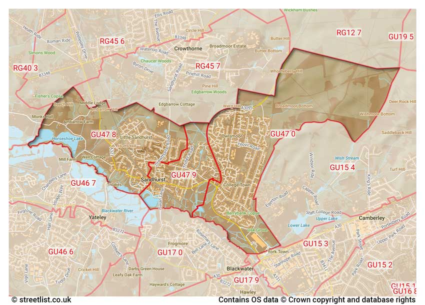 map showing postcode sectors within the GU47 district